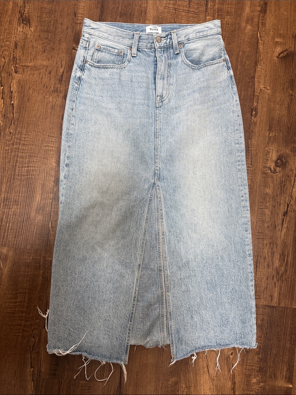 pistola Light Blue Denim Midi Skirt with Front Slit